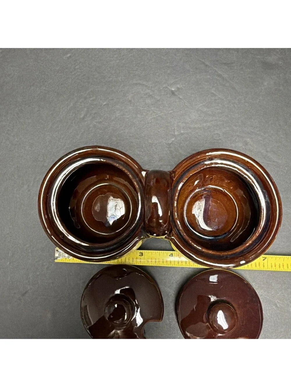 Vintage Stoneware Two-Tone Brown Tan Double Condiment Set Lids Spoons Taiwan